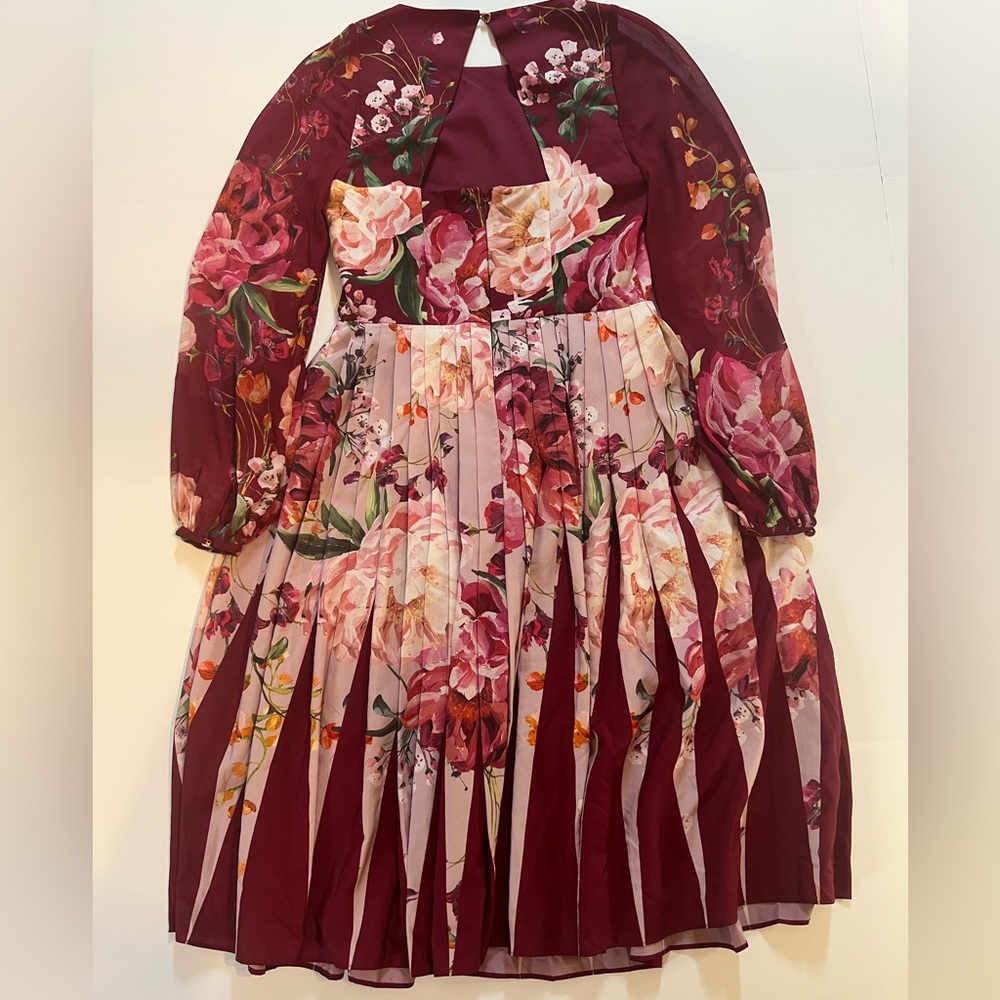 TED BAKER London Burgundy Floral Pleated Midi Dress Open Back|Long Sleeve|Size 0 - Picture 14 of 14